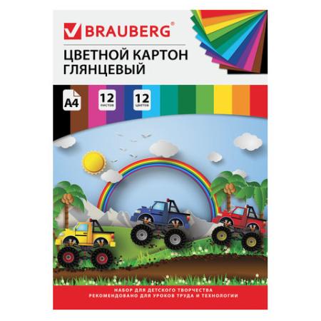 

Картон цветной А4 мелованный, 12 листов 12 цветов, в папке, BRAUBERG, 200х290 мм, "Гонки", 129916