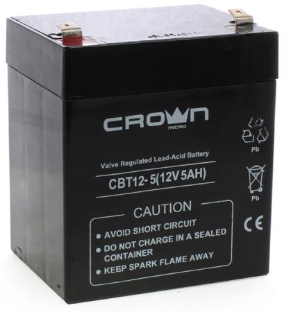 Аккумулятор CROWN СВТ-12-5  (Cвинцово-кислотный, напряжение 12В, ёмкость 5 А\\Ч, размеры (мм)  90х70х101, вес 1,75 кг, материал корпуса - ABS-пластик, тип клеммы - F2 (Т2), срок службы 6 лет)