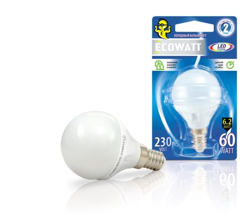 

Лампа светодиод. ECOWATT P45 230В 6.2(60)W 4000K E14 (миньон) холодный белый свет шарик