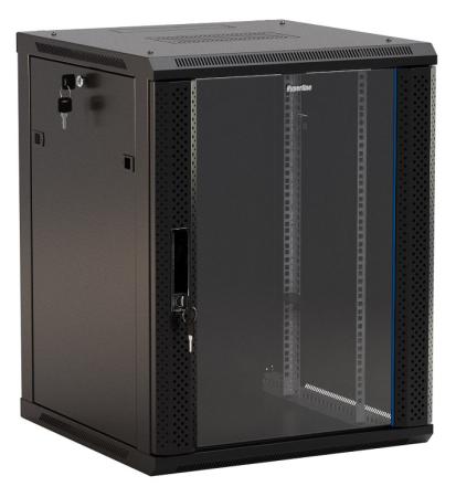 Шкаф коммутационный Hyperline (TWB-1545-GP-RAL9004) настенный 15U 600x450мм пер.дв.стекл 2 бок.пан. 60кг черный 775мм IP20 сталь