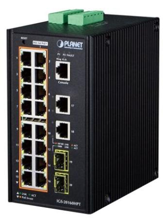 IP30 Industrial L2+/L4 16-Port 1000T 802.3at PoE+ 2-Port 1000T + 2-port 100/1000X SFP Full Managed Switch (-40 to 75 C, dual redundant power input on 48~56VDC terminal block, DIDO, ERPS Ring Supported, 1588)