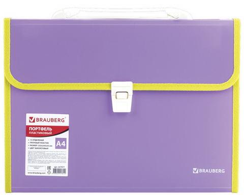 Портфель пластиковый BRAUBERG "Joy", А4 (330х245х35 мм), 13 отделений, с окантовкой, индексные ярлыки, фиолетовый, 227977