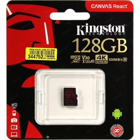 

Флеш карта microSDXC 128Gb Class10 Kingston SDCR/128GBSP Canvas React w/o adapter