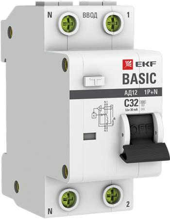 EKF DA12-32-30-bas Дифференциальный автомат 1P+N 32А 30мА тип АС х-ка C эл. 4,5кА АД-12 EKF Basic