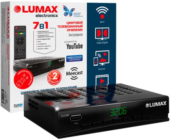 Приставка DVB-T2 LUMAX/ GX3235S, Металл Stealth, дисплей, 7 кнопок на панели, Dolby Digital, Wi-Fi, IP-плейлисты m3u, YouTube, Кинозал LUMAX (более 500 фильмов), MEGOGO, MEECAST, 3 RCA, HDMI, USB, встроенный блок питания, USB Wi-Fi-адаптер LUMAX DV0002HD в комплекте
