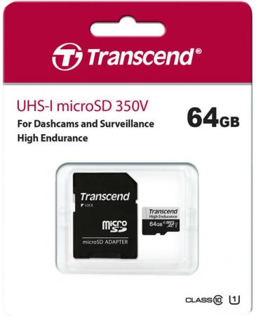 Карта памяти microSDXC 64Gb Class10 Transcend 350V UHS-I Class 10 U1 TS64GUSD350V с адаптером