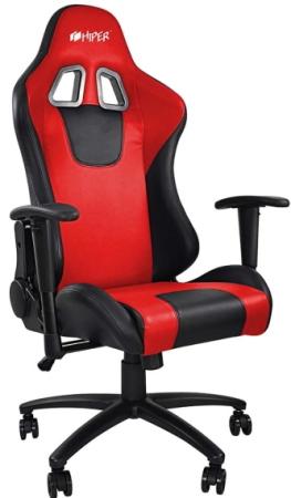 Игровое кресло HIPER HGS-104 чёрно-красное (кожа-PU, 2D подлокотник, газлифт класс 3, регулируемый угол наклона, механизм качания)
