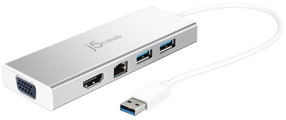 Мини док-станция j5create USB 3.0 Mini Dock. Интерфейс: USB 3.0. Порты: USB 3.0 x 2, VGA-DB 15 pin, HDMI, Gigabit Ethernet, USB Micro B.