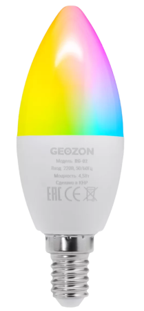 Умная LED лампа GEOZON RGB /E14/C37/5.5W/Wi-Fi/AC 220-250В, 50/60Гц/350lm/white GSH-SLR02