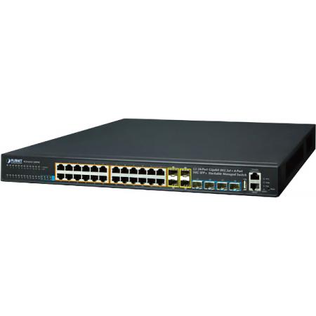 PLANET Layer 3 24-Port 10/100/1000T 802.3at POE + 4-Port 10G SFP+ Stackable Managed Gigabit Switch (370W)