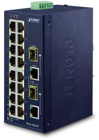 PLANET IFGS-1822TF IP30 Industrial 16-Port 10/100TX + 2-Port Gigabit TP/SFP Combo Ethernet Switch (-40~75C, dual redundant power input on 12-48VDC / 24VAC terminal block)