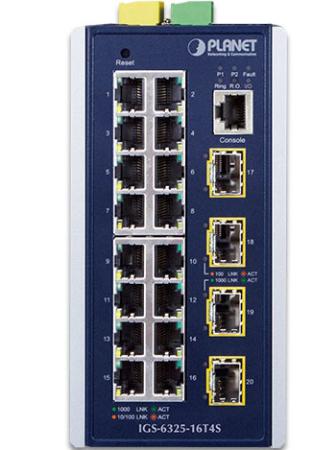 PLANET IGS-6325-16T4S IP30 Industrial L3 16-Port 10/100/1000T + 4-port 1G/2.5G SFP Full Managed Switch (-40 to 75 C, dual redundant power input on 9~48VDC terminal block, 2*DI, 2*DO, ERPS Ring, 1588 PTP TC, Modbus TCP, Cybersecurity features, Hardware Layer3 OSPFv2 and IPv4/IPv6 Static Routing, supports MQTT, supports 100FX, 1000X, and 2.5G SFP)