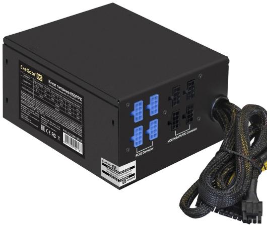 Блок питания 850W ExeGate 850PPX (ATX, APFC, SC, КПД 80% (80 PLUS), 14cm fan, 24pin, 2x(4+4)pin, PCIe, 5xSATA, 4xIDE, FDD, Cable Management, кабель 220V с защитой от выдергивания, black, RTL)