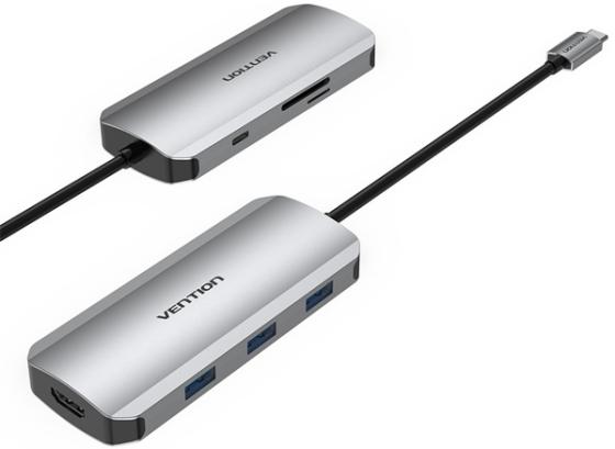Vention USB-C to HDMI/USB 3.0x3/SD/TF/PD Docking Station Gray 0.15M Aluminum Alloy Type