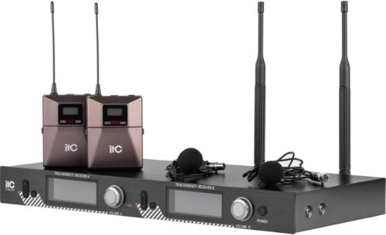Радиосистема [T-521UL] ITC, UHF двухканальная радиосистема с двумя петличными микрофонами. LCD дисплей. True Diversity. Частотный диапазон 470-510 MHz.