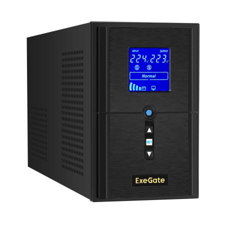 ИБП (инвертор, синус, для котла) ExeGate SineTower SN-1500.LCD.AVR.2SH.1C13.USB <1500VA/1200W, чистая синусоида, LCD дисплей, AVR, 2*Schuko+1*C13, USB, линейно-интерактивный, Black>