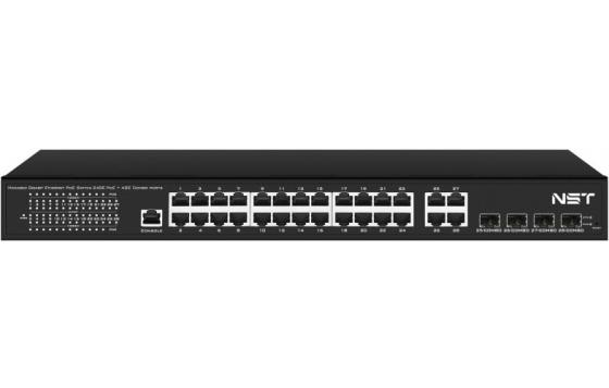Управляемый L2 PoE коммутатор Gigabit Ethernet на 24 RJ45 PoE + 4 x GE Combo Uplink порта. Порты: 24 x GE (10/100/1000 Base-T) с поддержкой PoE (IEEE 802.3af/at), 4 x GE Combo Uplink (RJ45 + SFP). Соответствует стандартам PoE IEEE 802.3af/at.  Автоматическое определение и режим антизависания PoE устройств. Мощность PoE на порт - до 30W. Суммарная мощность PoE до 400W. Поддержка режима CCTV: Увеличение расстояния передачи данных и питания до 250м. Встроенная грозозащита 3kV на порт. Питание: AC10
