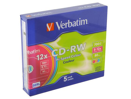 Диски CD-RW Verbatim 700Mb 12x SlimCase 5шт Color 43167