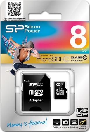Карта памяти Micro SDHC 8GB Class 10 Silicon Power SP008GBSTH010V10-SP + адаптер SD