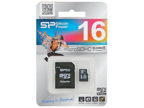 Карта памяти Micro SDHC 16GB Class 4 Silicon Power SP016GBSTH004V10-SP + адаптер SD