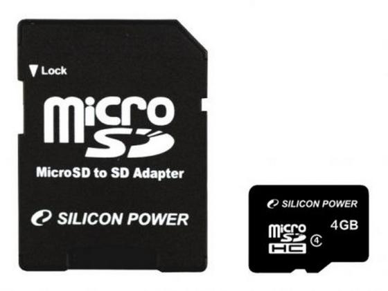 Карта памяти Micro SDHC 4Gb Class 4 Silicon Power+ 1 Adapter SP004GBSTH004V10-SP