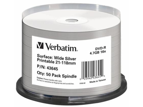 Диск DVD-R Verbatim 16x 4.7Gb Wide Silver Printable 50шт 43645