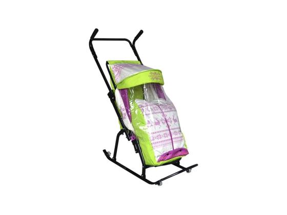 Санки-коляска RT Герда 4-Р3 Скандинавский узор с 4 колесиками до 50 кг сталь салатовый белый фиолетовый