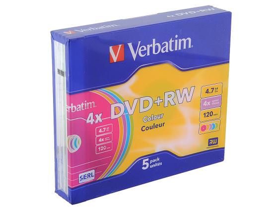 Диски DVD+RW Verbatim 4x 4.7Gb SlimCase 5шт Color 43297