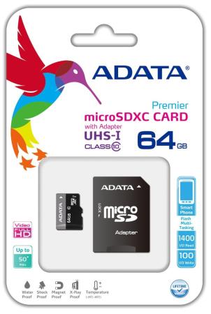 Карта памяти Micro SDXC 64Gb Class 10 A-Data AUSDX64GUICL10-RA1 + адаптер SD карта памяти a data microsdhc class 4 32gb sd adapter ausdh32gcl4 ra1