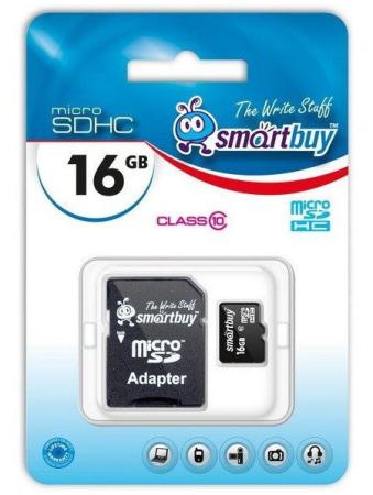 Карта памяти Micro SDHC 16GB Class 10 SmartBuy SB16GBSDCL10-01 + SD адаптер