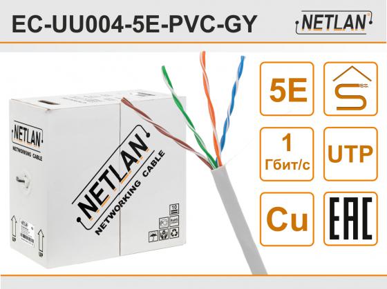 Кабель U/UTP indoor 4 пары категория 5e NETLAN одножильный 100% медь PVC 305м серый EC-UU004-5E-PVC-GY