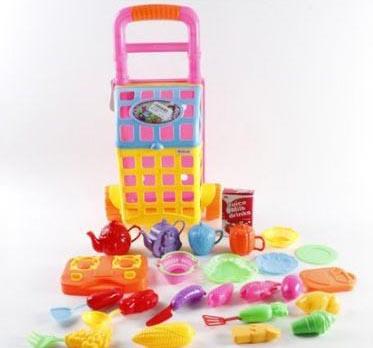 Игровой набор Shantou Gepai Посуда и продукты в розовой тележке 23 предмета 070-079