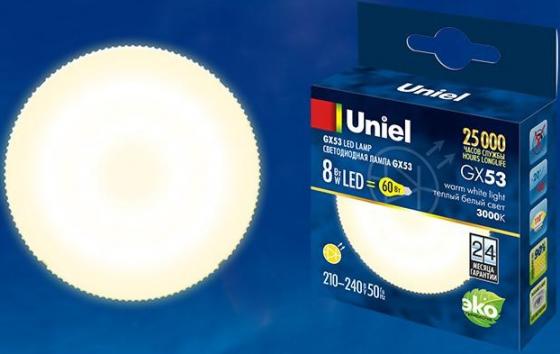 Лампа светодиодная таблетка Uniel UL-00001672 GX53 8W 3000K LED-GX53-8W/WW/GX53/FR PLZ01WH
