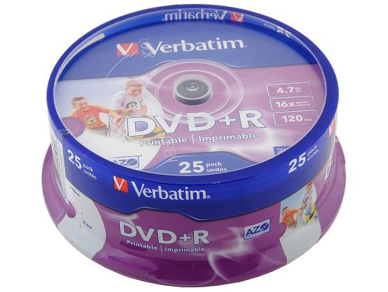 Диски DVD+R Verbatim 16x 4.7Gb CakeBox Printable 25шт 43539