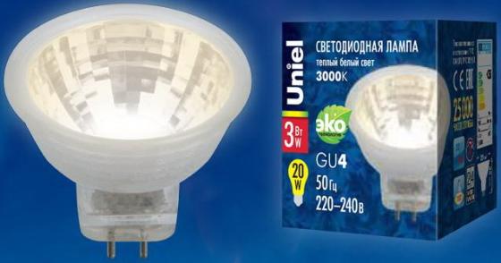 Лампа светодиодная (UL-00001702) GU4 3W 3000K полусфера прозрачная LED-MR11-3W/WW/GU4/220V GLZ21TR