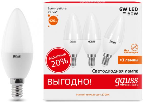 

Лампа светодиодная свеча Gauss LED Elementary Candle 33116T E14 6W 2700K