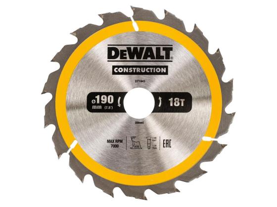 

Круг пильный твердосплавный DEWALT DT1943-QZ Ф190/30 18 ATB +20° CONSTRUCTION по дереву с гвоздями