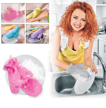 Варежкa двусторонняя для мытья посуды и уборки, фиолетовая TK 0203
