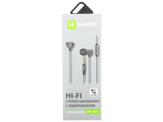 Гарнитура HARPER HV-501 grey (металлический корпус) Проводные / Внутриканальные с микрофоном / Серый / 20 Гц - 20 кГц / 96 дБ / Двухстороннее / Mini-j