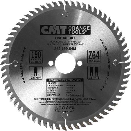 

Круг пильный твердосплавный CMT 292.190.64M 190X30X2.6/1.6 15° 15° ATB Z=64