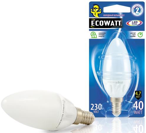 

Лампа светодиод. ECOWATT B35 230В 4.7(40)W 4000K E14 (миньон) холодный белый свет, свеча