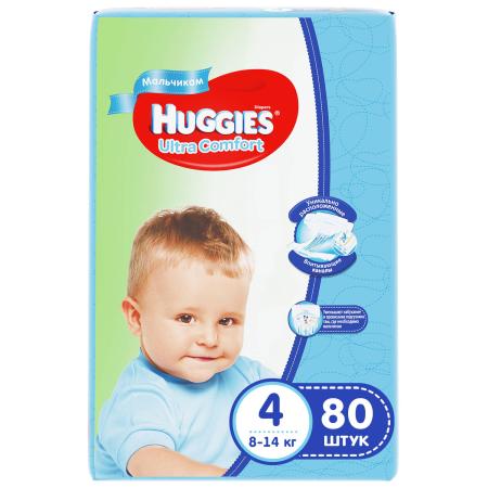 HUGGIES Подгузники Ultra Comfort Размер 4 8-14кг 80шт для мальчиков