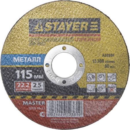 Круг отрезной STAYER MASTER 36220-115-2.5_z01 абразивный для УШМ 115х2.5х22.2мм по металлу