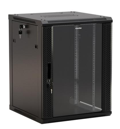 Hyperline TWB-0966-GP-RAL9004 Шкаф настенный 19-дюймовый (19"), 9U, 500x 600х 600мм, стеклянная дверь с перфорацией по бокам, ручка с замком, цвет черный (RAL 9004) (разобранный)