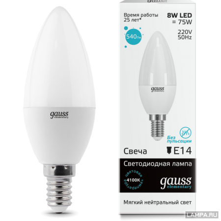 

Лампа GAUSS LED Elementary 33128 candle 8w Е14 4100k 1/10/100