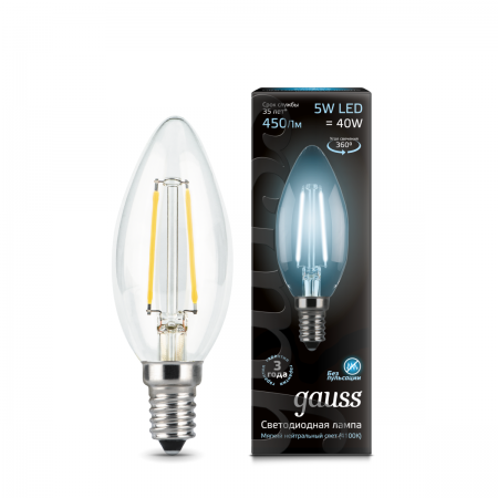 

Лампа GAUSS 103801205-D led filament candle dimmable e14 5w 4100к 1/10/50