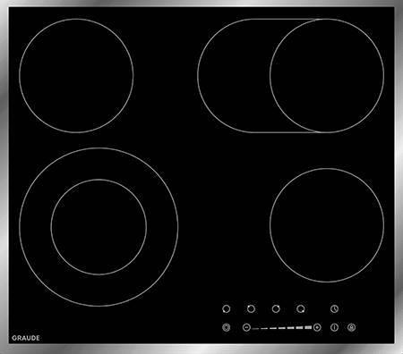 

Встраиваемые электрические панели Graude/ 590 х 52 х 520 мм, Сенсорное управление, 9 ступеней нагрева, Функция таймера, Двойная и овальная варочные зоны, Индикация остаточного тепла,Автоматическое отключение, Защита от детей, Исполнение: стальная рамка