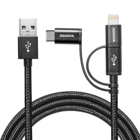 

Кабель microUSB Lightning Type-C 1м A-Data AMCL23IN1-100CMK-CBK круглый черный