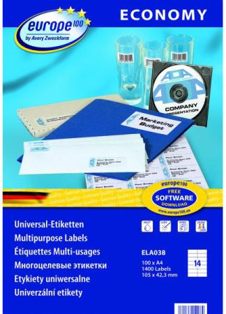 

Этикетки Europe100 ELA038-100 ELA038 A4 105x42.3мм 14шт на листе/70г/м2/100л./белый матовое самоклей. универсальная