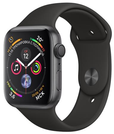 

Apple Watch Series 4, 44 мм, корпус из алюминия цвета «серый космос», спортивный ремешок черного цвета [MU6D2RU/A